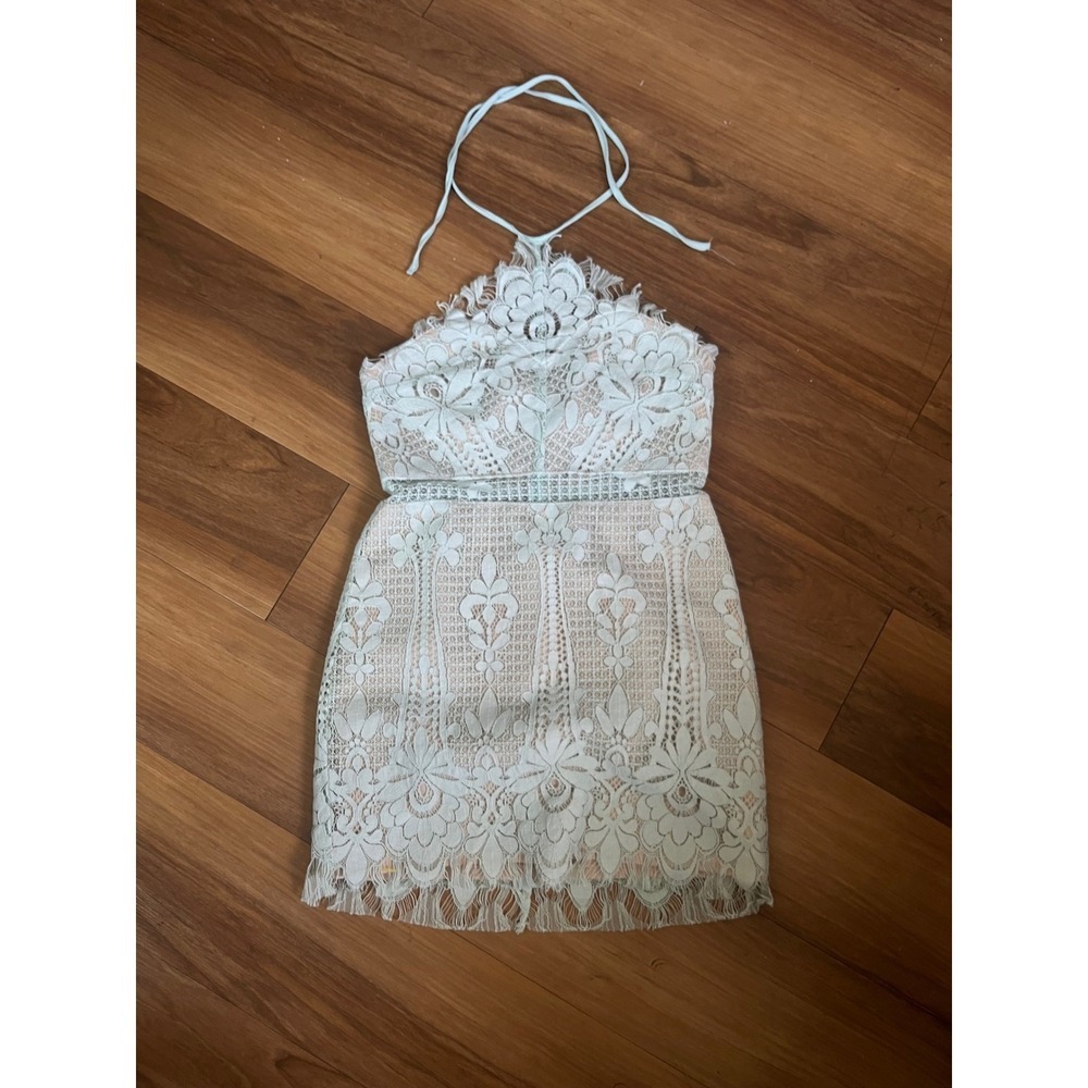 Blush Boutique Mint Green Floral Lace Halter Mini Dress Nude Lining Size S